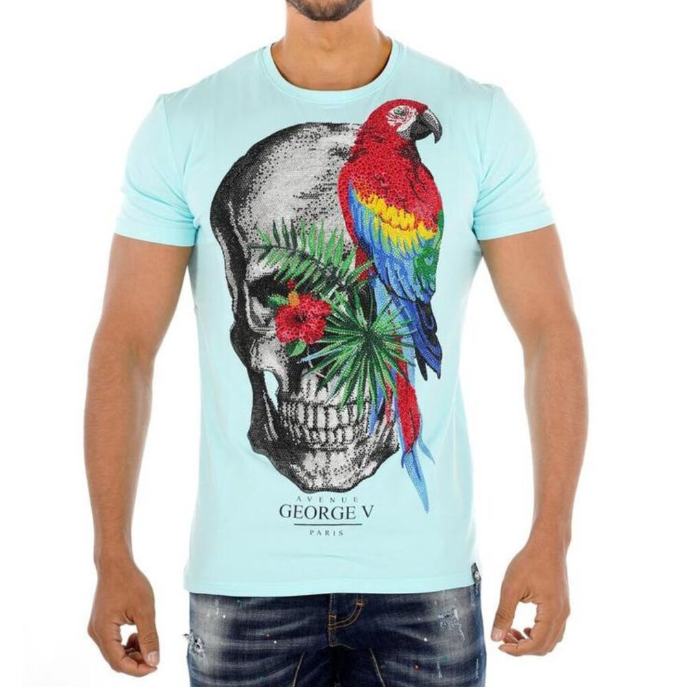 Avenue George V Paris Blue T-Shirt Graphic Skull Parrot Rhinestone 2XL